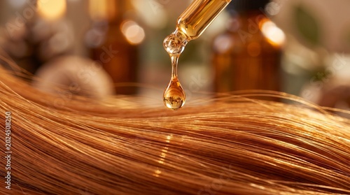 Macro de una gota dorada de suero capilar cayendo desde una pipeta sobre un cabello liso y cobrizo para hidratación profunda.