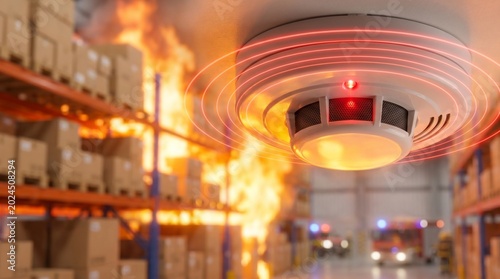 Detector de humo activado con luces rojas durante un intenso incendio en un almacén logístico.