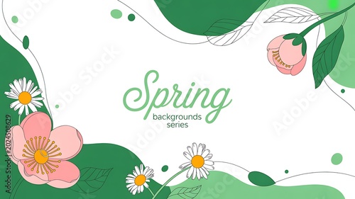 Spring floral backgrounds series with flowers and leaves on a white surface