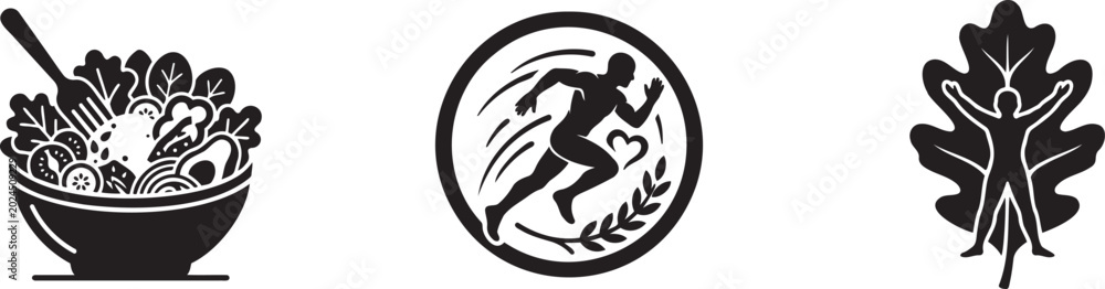 Obraz premium Black and white icons of salad bowl, running man, and leaf