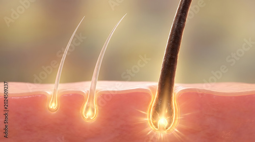Hair follicle cross section showing three strands with glowing root bulb regeneration