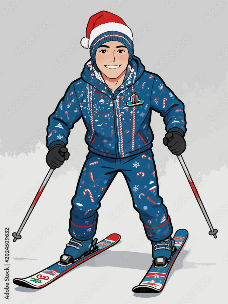 Obraz premium Happy Male Skier Wearing Christmas Themed Ski Suit