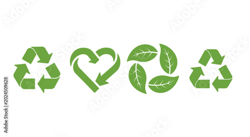 Green Recycle Icons Set with Heart and Leaves Symbols