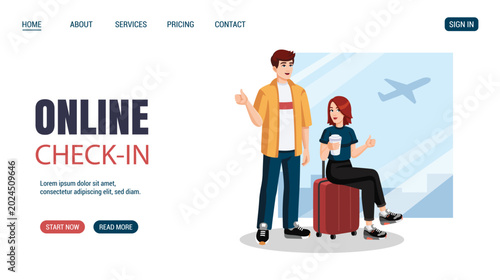 Young couple with suitcase, backpack showing thumbs up at the airport before flight. Flat design, cartoon style. Vector illustration. Online check in concept website, web page design.