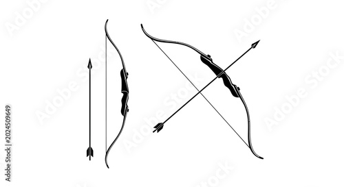 Archery Bow and Arrow Minimalist Black Vector Silhouettes
