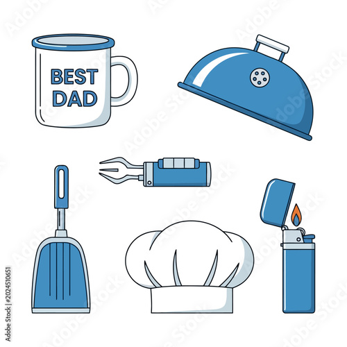 Collection of BBQ and Fathers Day themed items including a grill, spatula, mug, and chefs hat.