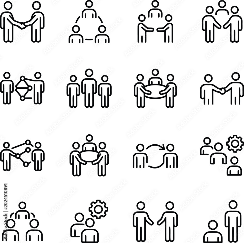 Fototapeta premium Teamwork Icons Grid Depicting Organizational Collaboration and Leadership