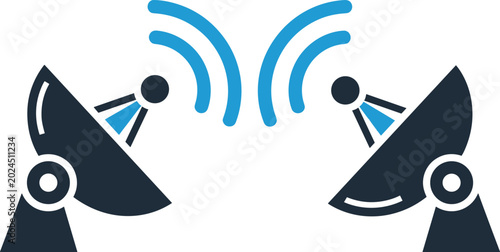 Fotografi Two satellite dishes transmitting data between each other representing network communication vector graphic