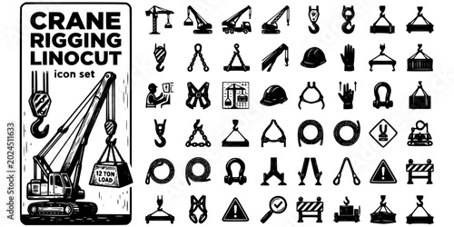 Crane Rigging Linocut Black White-Hook Chain Suspended Load-Lifting Safety Vector-Crane Icon Linocut-Work Safety Design Set