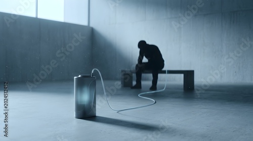 Silhouette of a man sits alone on a bench in a dimly lit, cold industrial room connected by a cord to a glowing canister, symbolizing deep exhaustion.