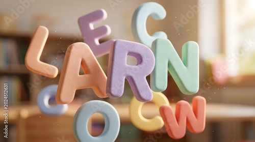 Colorful, three-dimensional letters spelling 'LEARN' float playfully above a soft, blurred background with warm sunlight, suggesting education and growth.