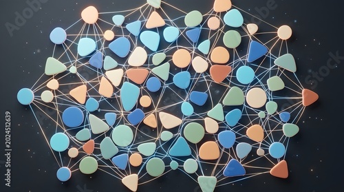 Geometric shapes of various colors and sizes interconnect forming a complex network structure against a dark, textured background with subtle bokeh effects.