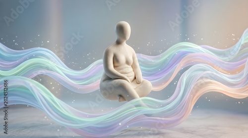 Serene sculpted figure in a meditative pose floats amidst flowing, pastel-colored ribbons of light and subtle sparkling particles, conveying peace and tranquility.