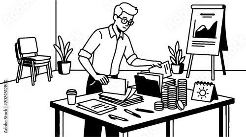Businessman organizing office files and financial documents