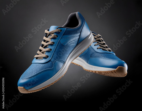 A studio shot showcases a pair of modern blue athletic shoes against a dark background, highlighting their sleek design and textured details.