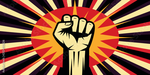 Fotografie raised fist illustration with sunburst background in propaganda style