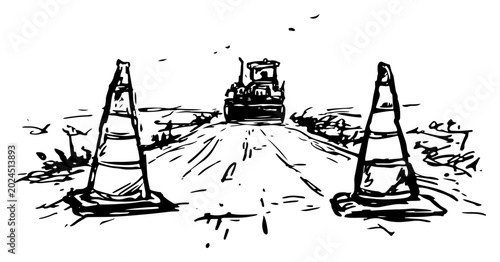 Quadro su tela Traffic cones on road construction site with steamroller in hand drawn sketch st