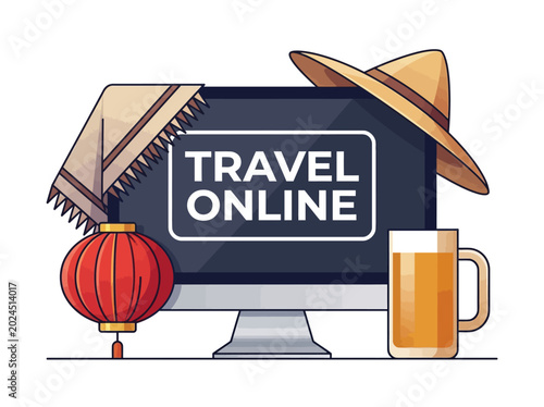 Bilde på lerret Travel Online Concept Vector Illustration with Computer Monitor and Global Touri