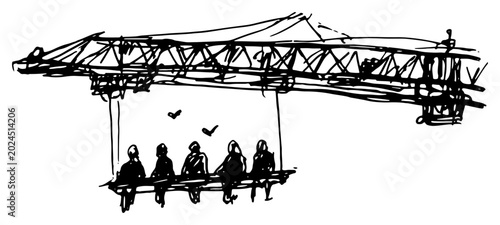 Foto Construction workers sitting on steel beam girder black ink sketch style
