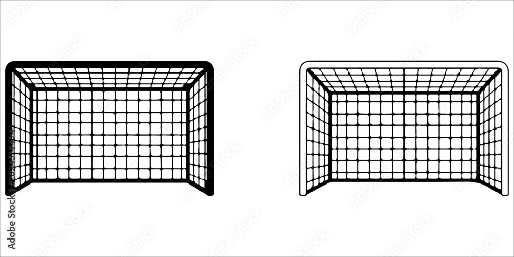 Fototapeta premium Soccer goal post silhouette set with net perspective isolated on gray background, black sports equipment vector illustration collection for football design, training, tournament and game graphics