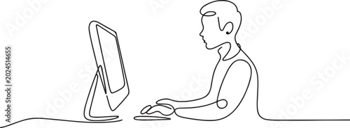 Continuous single drawn one line designer looks working monitor.one line Art icon drawing vector