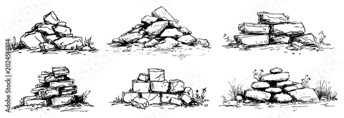 Schilderij op canvas Piles of stones and rocks on natural ground hand drawn ink sketch style