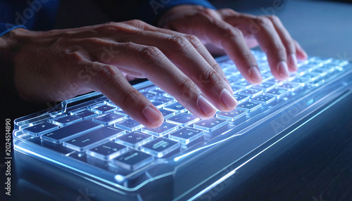 Hands typing on a transparent glass keyboard  futuristic HUD  neon accents.