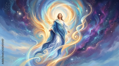A profound illustration offering a symbolic interpretation of the Virgin Mary's divine ascent, enveloped in cosmic light and spiritual energy. 