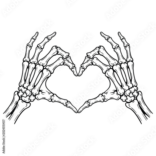 Skeleton hands making a heart shape gesture, gothic style illustration