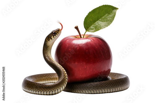 Фотография Isolated snake coiled around a vibrant red apple with a green leaf, symbolizing temptation