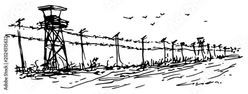 Bild auf Leinwand Barbed wire fence with guard tower at border in hand drawn sketch style