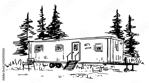 Mobile office trailer in forest among pine trees in hand drawn sketch style