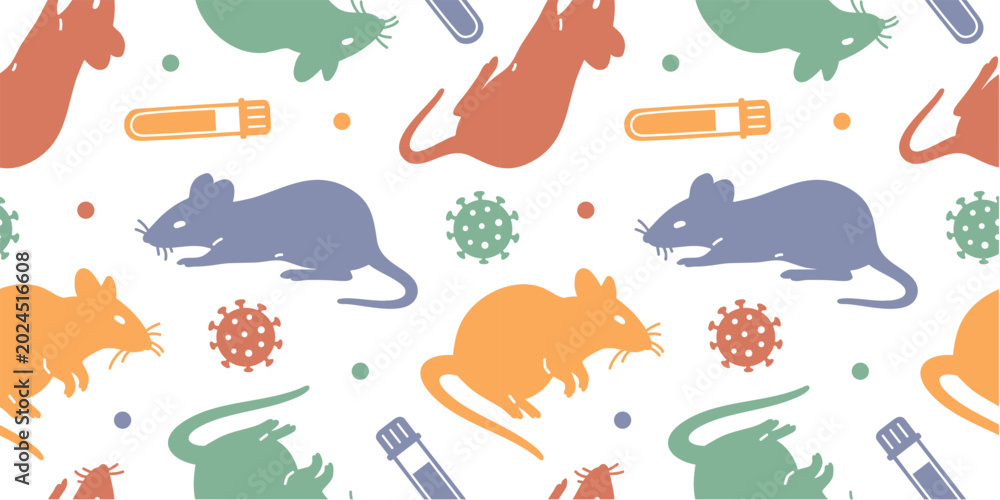 Naklejka premium vector Seamless pattern with rats, virus and laboratory test tubes. pattern illustration about virus research, laboratory testing and pandemic awarene