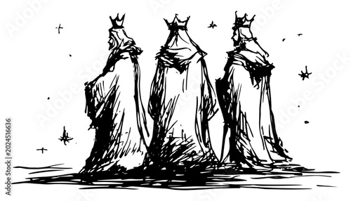 Obraz na płótnie Three wise men magi walking under starry sky hand drawn sketch style