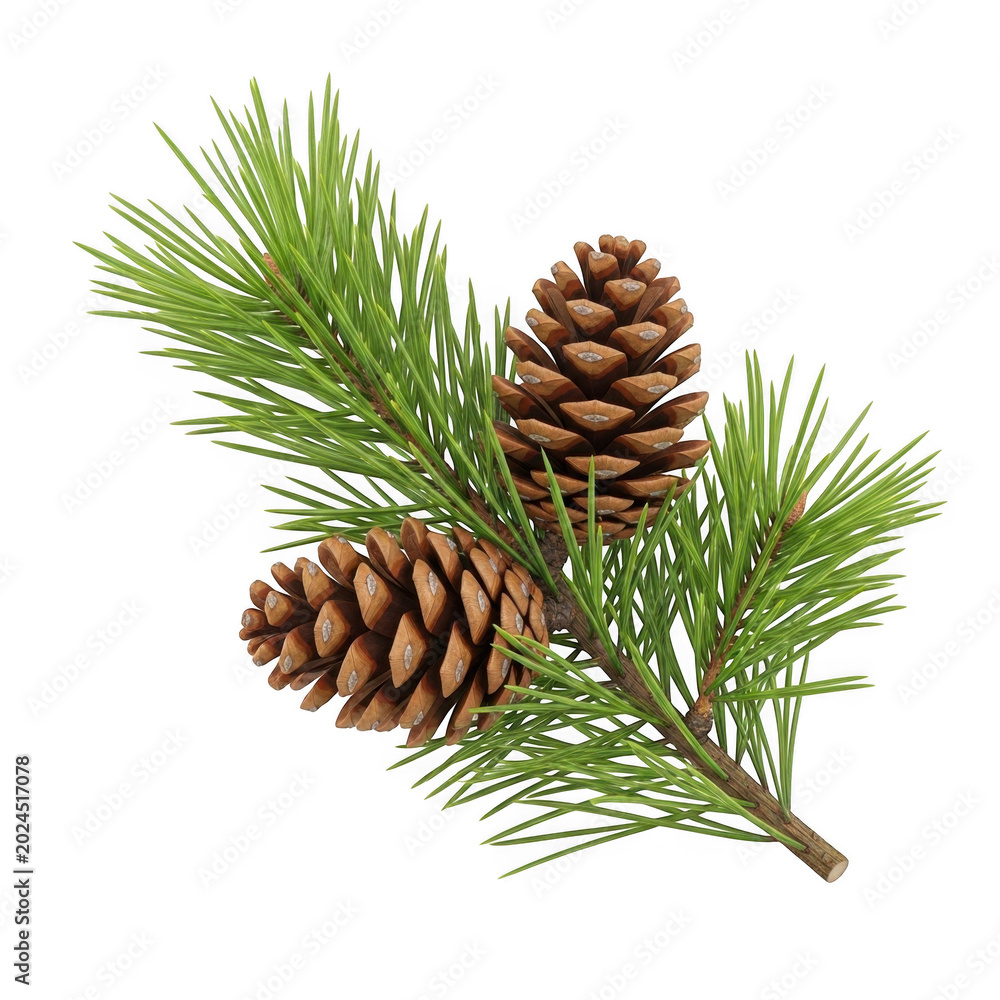Fototapeta premium Fresh pine branch with cones on white background