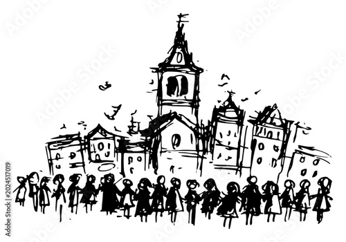 Bild auf Leinwand People gathering in front of old church and cathedral buildings hand drawn sketc