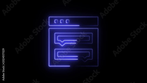 Neon blue glowing chat window icon on dark background with text boxes