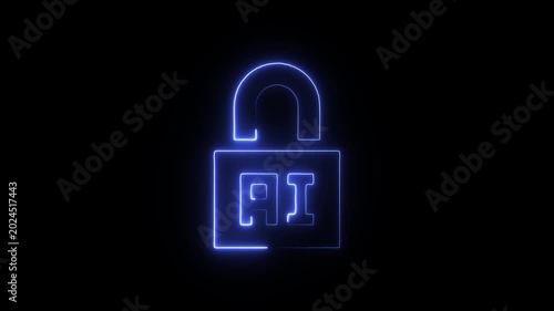 Neon blue padlock with ai on a sleek black background