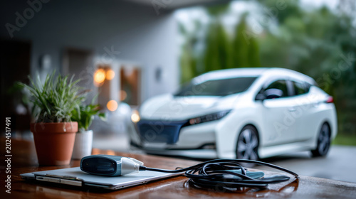 Electric car charging at home with wallbox and charging cable on table in foreground for sustainable energy banner and automotive background