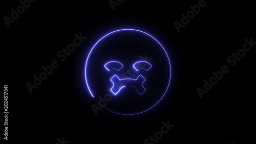 A blue neon emoticon face with a frowning expression on a black background