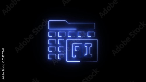 Neon blue ai computer keyboard icon on black background