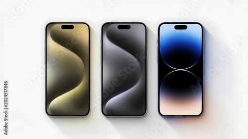 Three smartphones display various screen designs on a plain surface