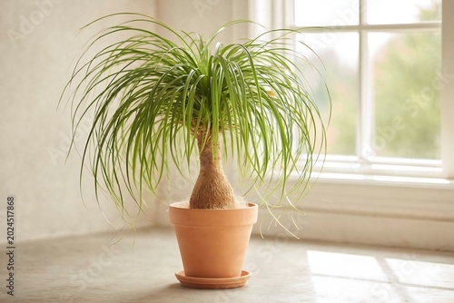 Ponytail palm (Beaucarnea recurvata) with bulbous trunk and cascading thin leaves, terracotta pot, on a concrete floor, bright room with window light, plant fully focused
