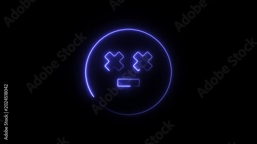A neon blue emoticon face with glowing blue eyes and mouth on black background