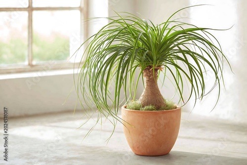Ponytail palm (Beaucarnea recurvata) with bulbous trunk and cascading thin leaves, terracotta pot, on a concrete floor, bright room with window light, plant fully focused