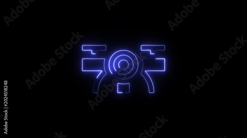 Neon blue robotic camera on black background with glowing effect