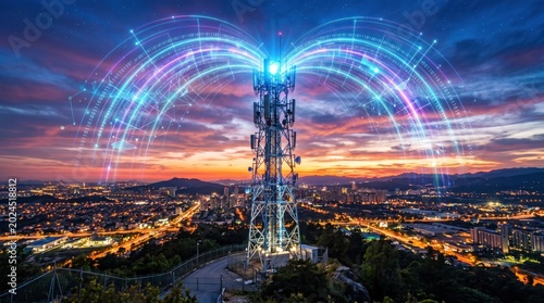 High speed 5g telecommunications tower broadcasting digital data signals over a vibrant cityscape at twilight with glowing arcs of binary code and advanced network connectivity