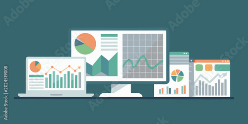 data analysis dashboard with charts and graphs flat vector illustration