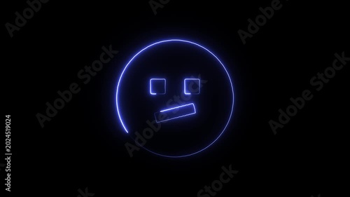Neon blue emoticon face with glowing outline on black background