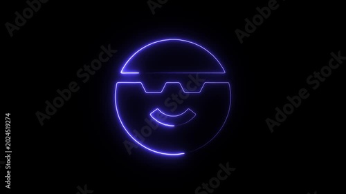 Neon blue smiley face with sunglasses on black background